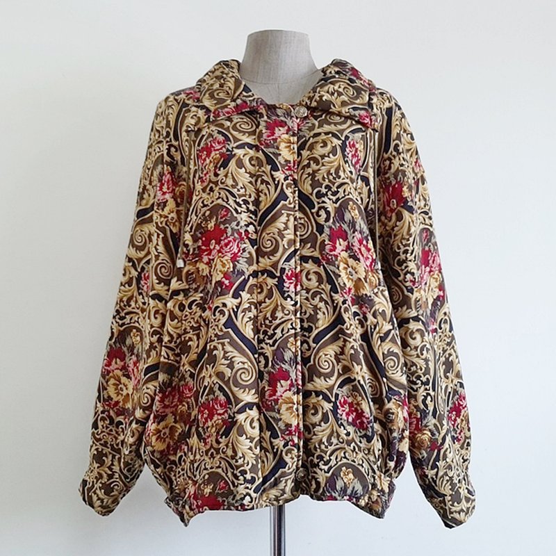 復古棕黃色巴洛克印花夾克 女款 花卉飛行員防風外套 XL - 女裝西裝外套/大衣 - 聚酯纖維 咖啡色