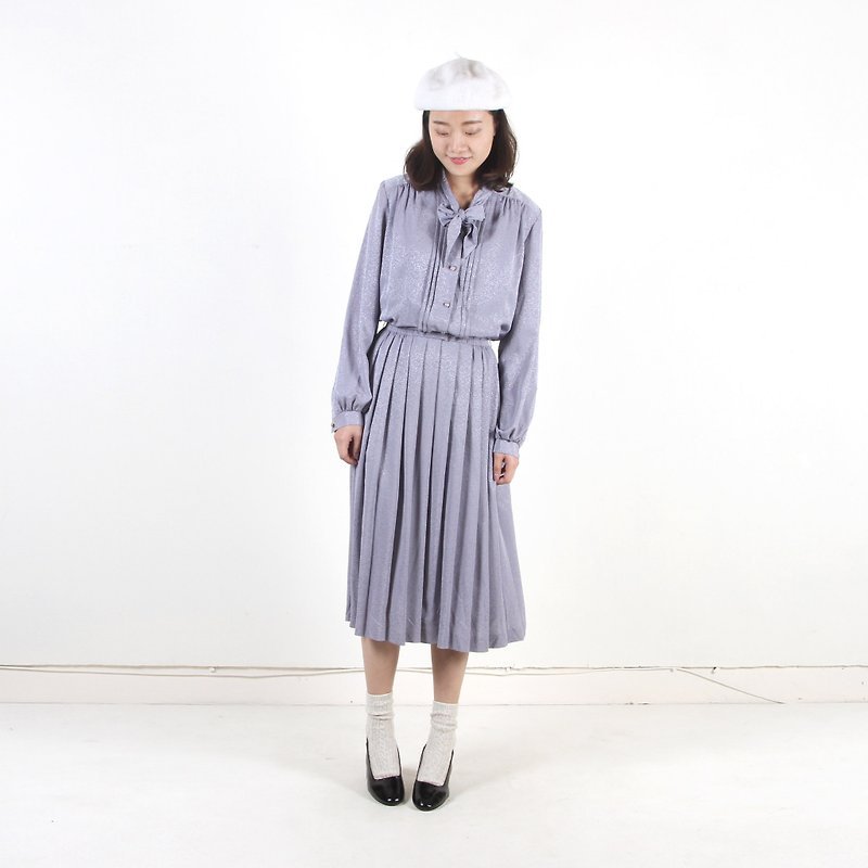 [Vintage] egg plant Lavender girls printed vintage dress - ชุดเดรส - เส้นใยสังเคราะห์ สีม่วง