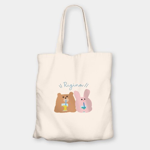 PIXO.STYLE 客製化英文名 可愛熊與兔 環保購物袋 側背包 tote 帆布袋 PU003