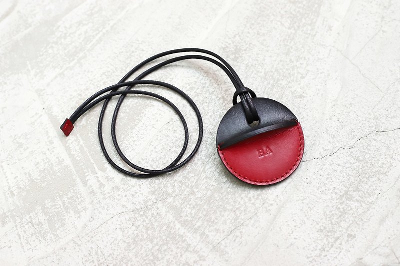 KAKU leather design gogoro key holster custom black + water wax deep red - Keychains - Genuine Leather Red