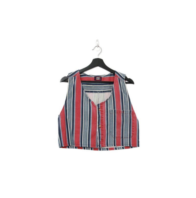 Back to Green-再製水洗丹寧條紋背心 莓果紅 tt-10 vintage vest - 背心/無袖上衣 - 棉．麻 