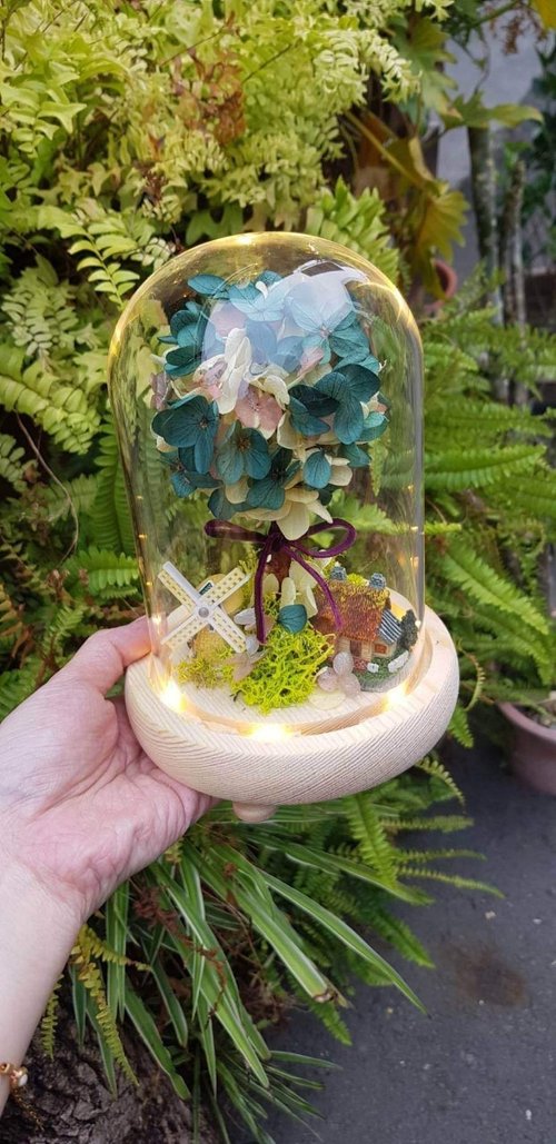 蒔花Time Flower 永生花玻璃罩-溫馨小花園/玻璃罩小夜燈/乾燥花/永生花