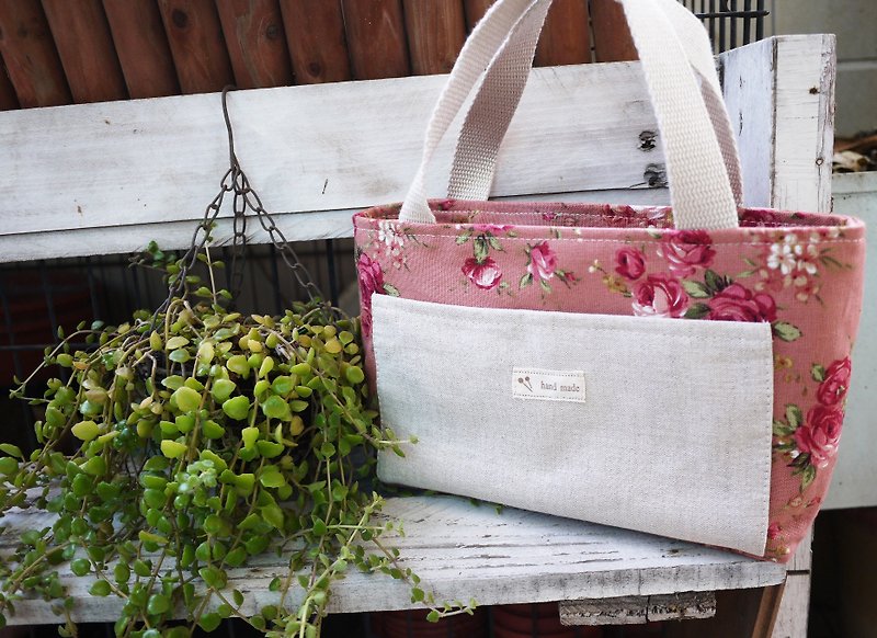 Pink Roses 1 + 1 small bag - กระเป๋าถือ - ผ้าฝ้าย/ผ้าลินิน 