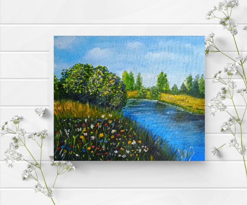 风景河流和森林艺术绘画原始画布绘画 - 壁貼/牆壁裝飾 - 其他材質 多色