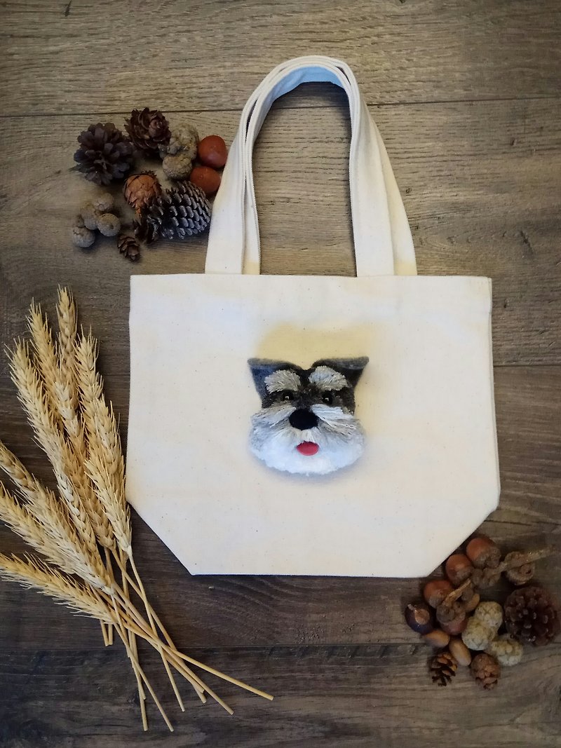 Schnauzer fur ball pet dog canvas bag - Handbags & Totes - Wool Silver