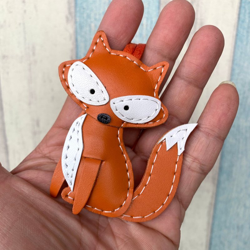 Healing little things orange cute fox hand-stitched handmade leather charm small size - Charms - Genuine Leather Orange