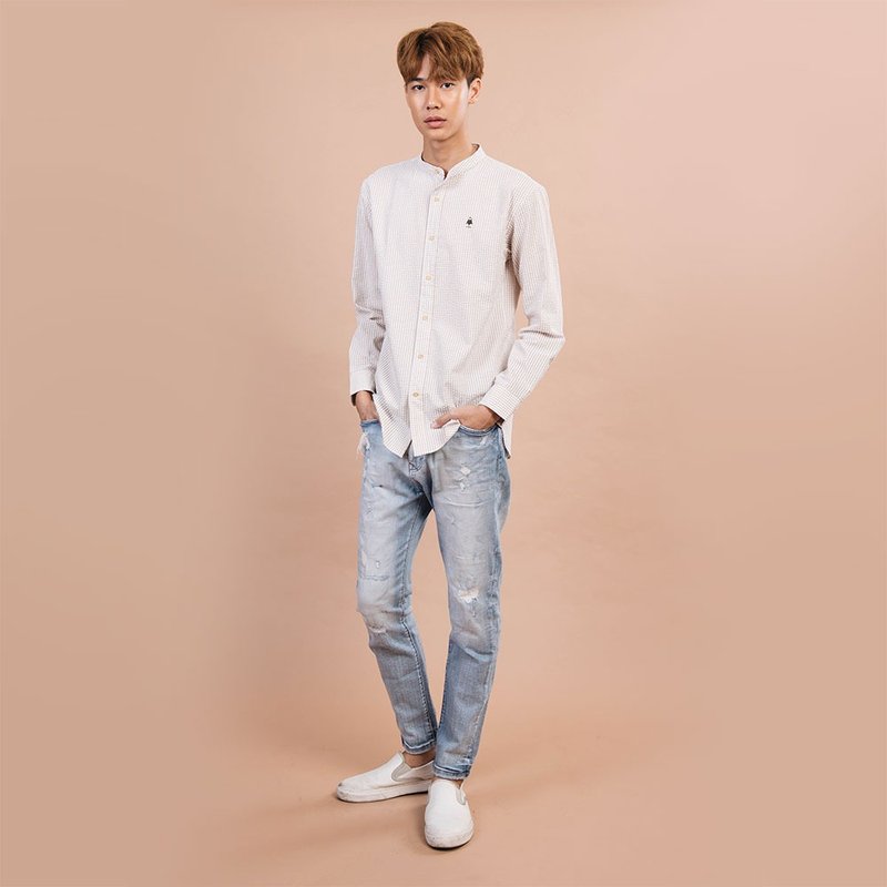 (SIZE M) PINE TREE // cream check // men straight fit - 男襯衫/休閒襯衫 - 棉．麻 卡其色