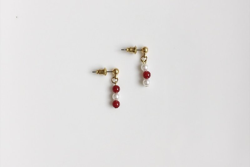 小紅 珍珠瑪瑙小耳環 - 耳環/耳夾 - 寶石 紅色