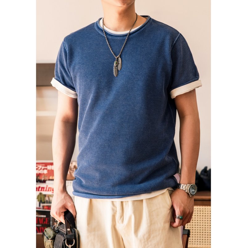 刺子繡藍染短袖T-SHIRT 精梳長絨棉 固色處理 復古美式 上衣 - 男 T 恤 - 其他材質 藍色