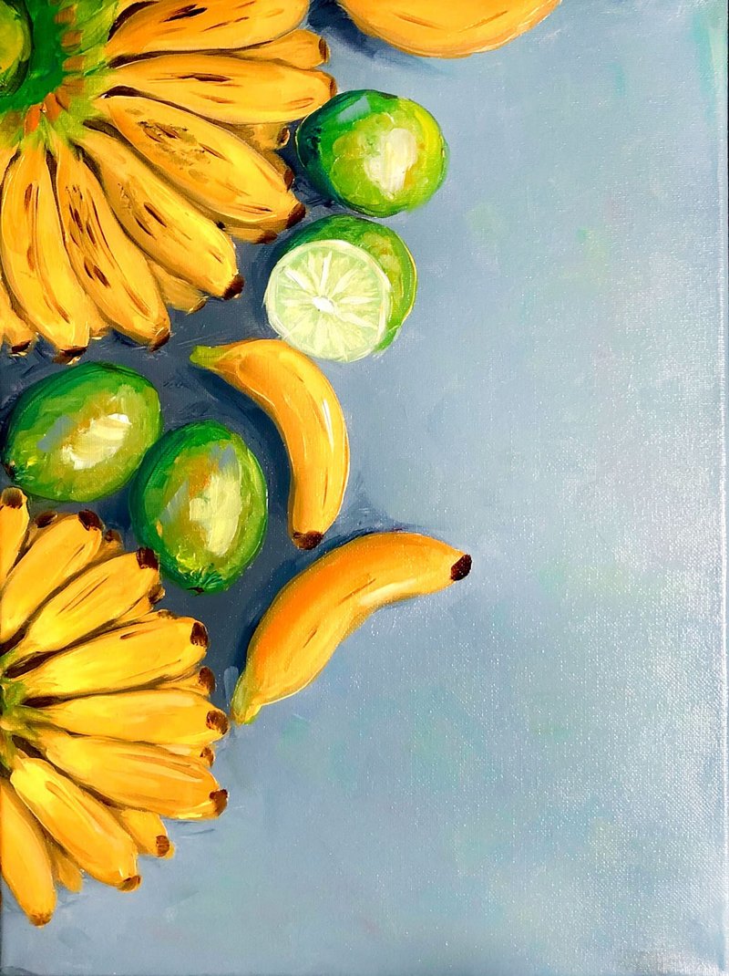 Banana Painting Lime Original Art Fruit Artwork Still Life Wall Art Oil Art - 海報/掛畫/掛布 - 其他材質 灰色