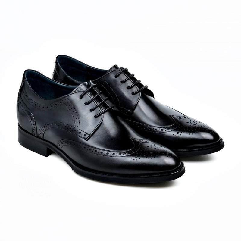 men's men's leather shoes black with heightening engraving - รองเท้าหนังผู้ชาย - หนังแท้ 