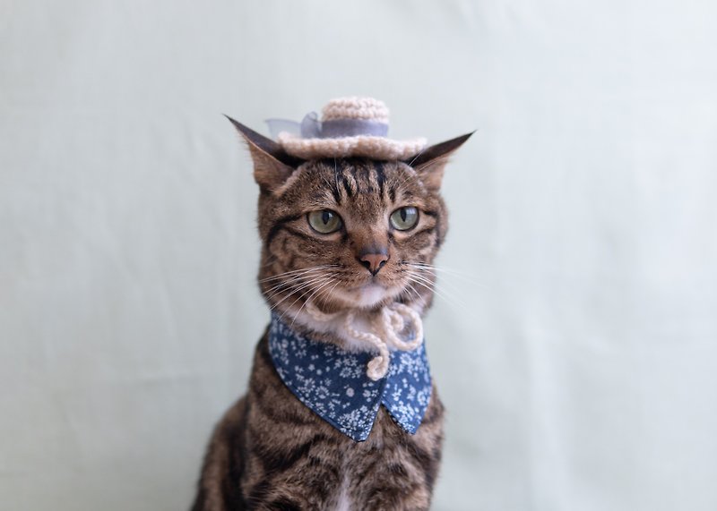 【Straw Hat・Maika Hat】Pet Jewelry Cat/Dog-Beige Ribbon Lace Hat - ชุดสัตว์เลี้ยง - วัสดุอื่นๆ ขาว