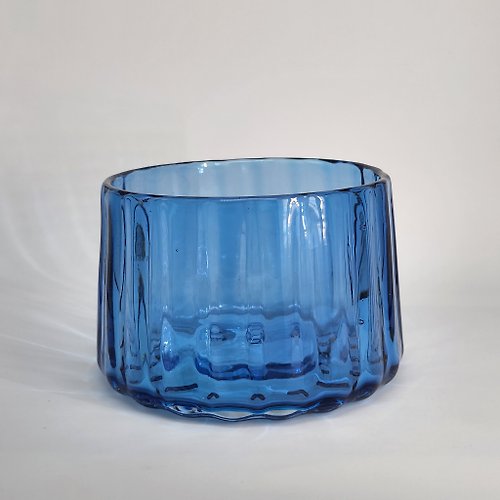臺灣玻璃舘 深藍直條紋小碗 手作玻璃 純手工吹製