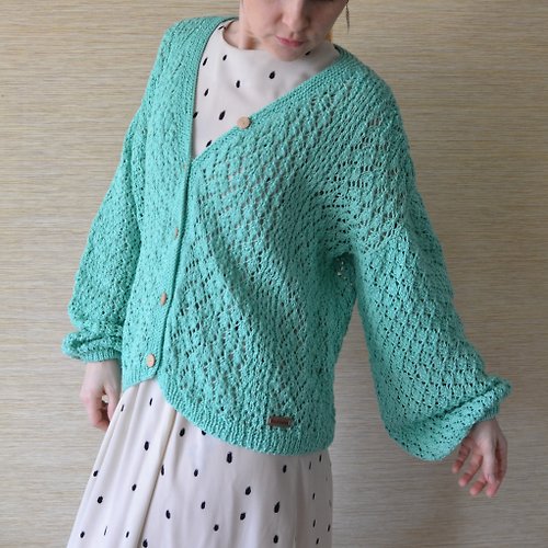 Tochirina Wide sleeve cotton cardigan Lace knit cardigan Oversized hand knit cardigan