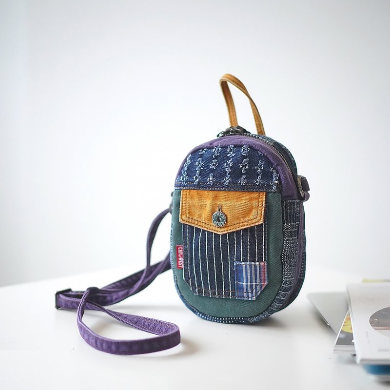 CATWEST original design niche denim patchwork messenger bag small bag retro old small backpack new - Messenger Bags & Sling Bags - Cotton & Hemp 