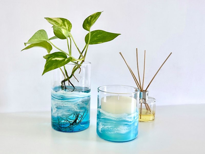 Glass Vase, Candle Holder, Resin Ocean Painting, Wedding Gift, Home Gift - Items for Display - Glass Blue