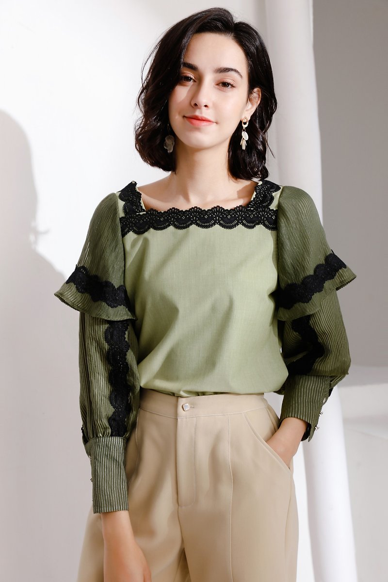 Square neck lace lotus leaf bubble blouse--green--no lining