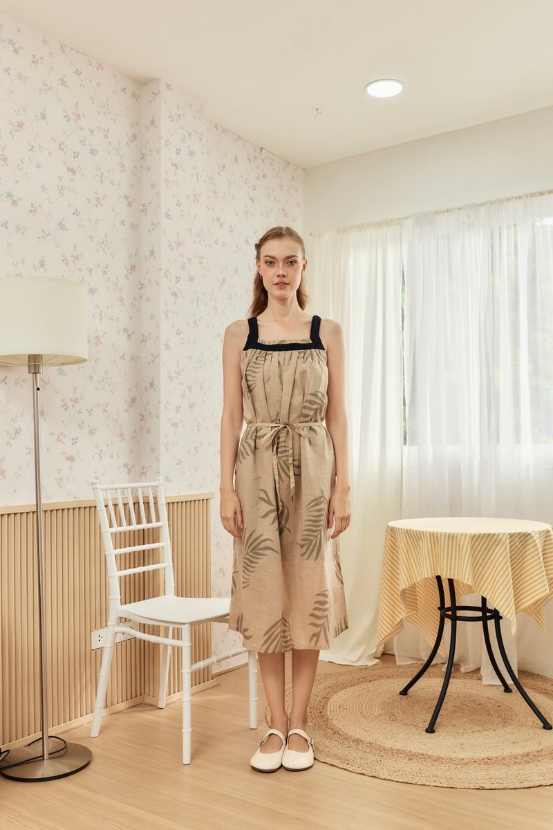 Favor Cotton Linen Strap Dress - 洋裝/連身裙 - 棉．麻 卡其色
