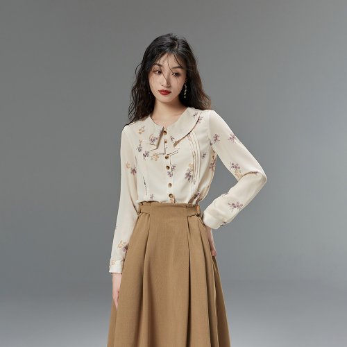 AnneChen安妮陳原創設計師品牌 秋上新 法式少女優雅復古端莊水果碎花長袖襯衣A字半身裙洋裝襯衫