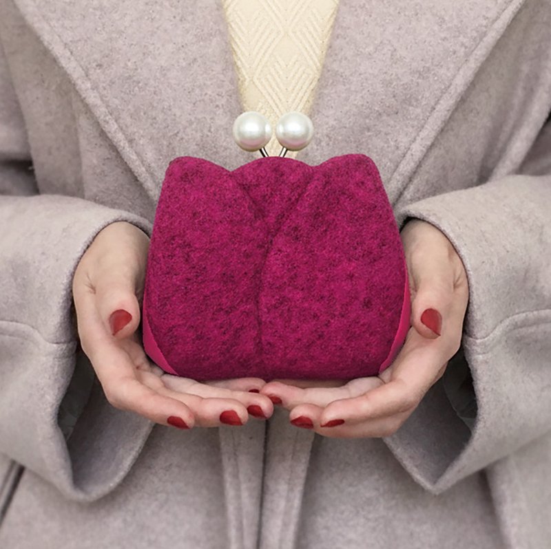 鬱金香 短夾 錢包 皮夾 口金包 小廢包 銀包 玫瑰洋紅 - 錢包/皮夾/長短夾 - 羊毛 紅色