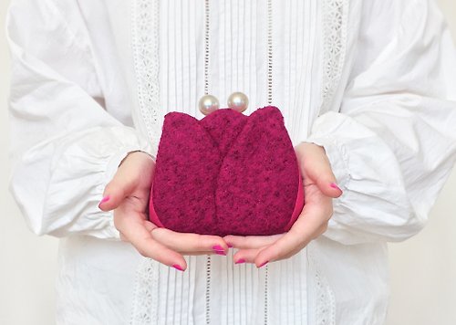 風皿設計 花苞 皮夾 雙折短夾 錢包 口金包 玫瑰洋紅