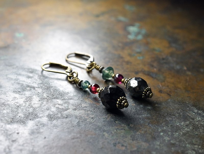 Metallic black Czech beads and garnet, moss agate asymmetric earrings
