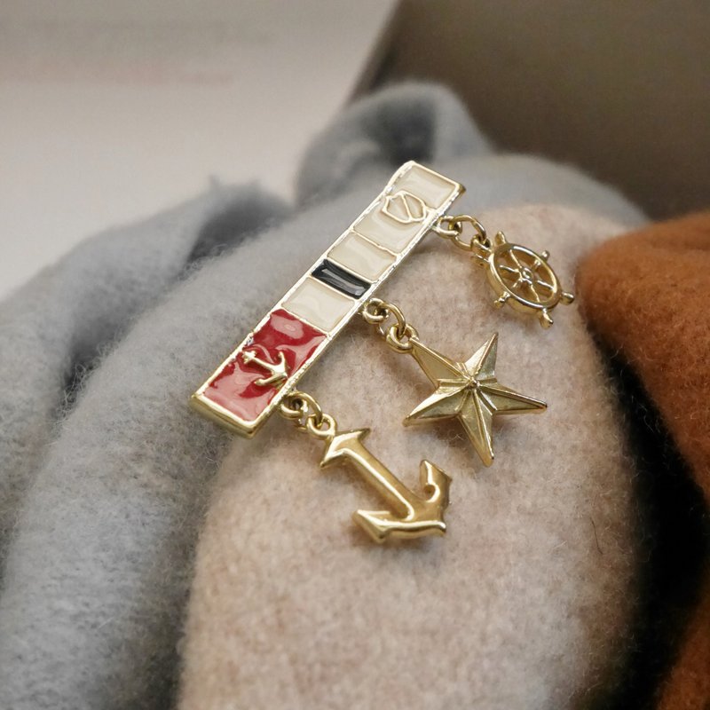 Gold and silver baby gold enamel red blue and white navy anchor star rudder long pin brooch B2184 - เข็มกลัด - โลหะ สีทอง