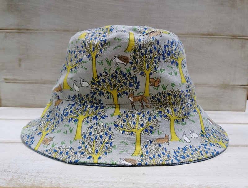 Forest, fox, hedgehog & cowboy blue double fisherman hat sun hat - Hats & Caps - Cotton & Hemp Multicolor