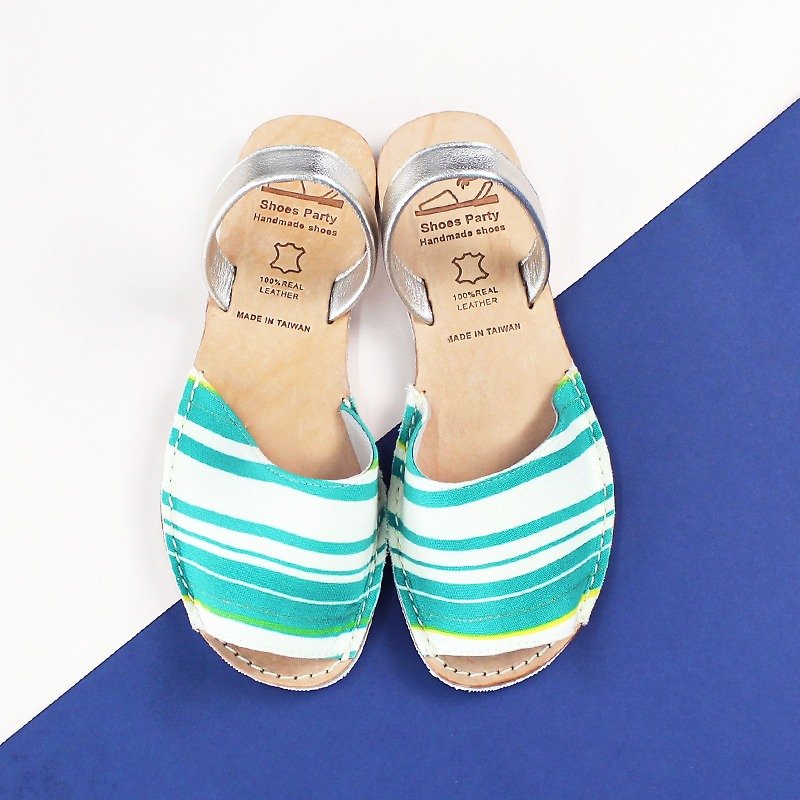 Green stripe handmade minimalist open-toe sandals / leather / Japanese cloth / handmade custom /S2-15431F - รองเท้ารัดส้น - ผ้าฝ้าย/ผ้าลินิน 