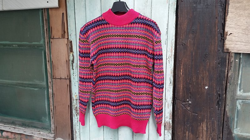 AMIN'S SHINY WORLD Vintage pink color ethnic gold knit sweater - สเวตเตอร์ผู้หญิง - ขนแกะ สีม่วง