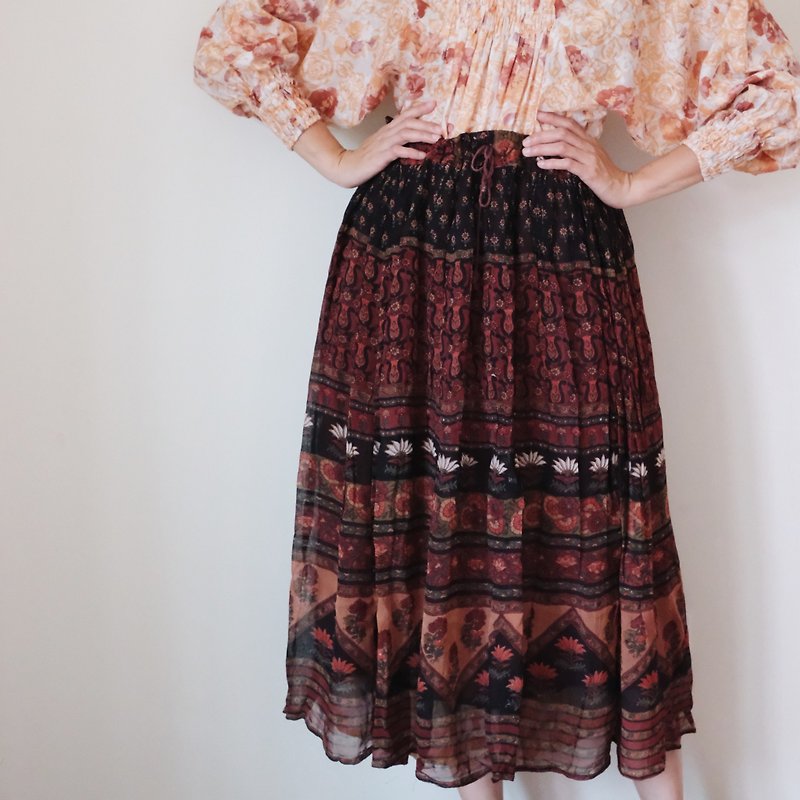 其他人造纖維 裙子/長裙 - Vintage 印度花朵圖騰雪紡綁帶長裙
