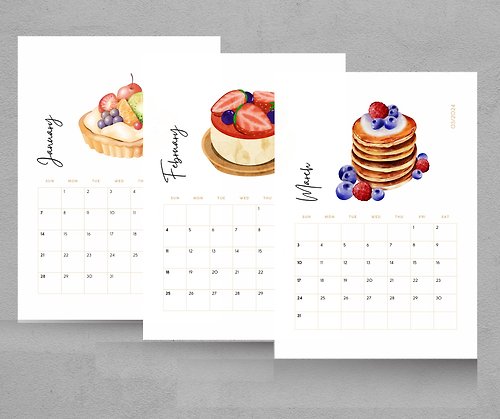 thegoodvibes 2024 Dessert Printable Calendar portrait, Minimalist Monthly Calendar 2024,
