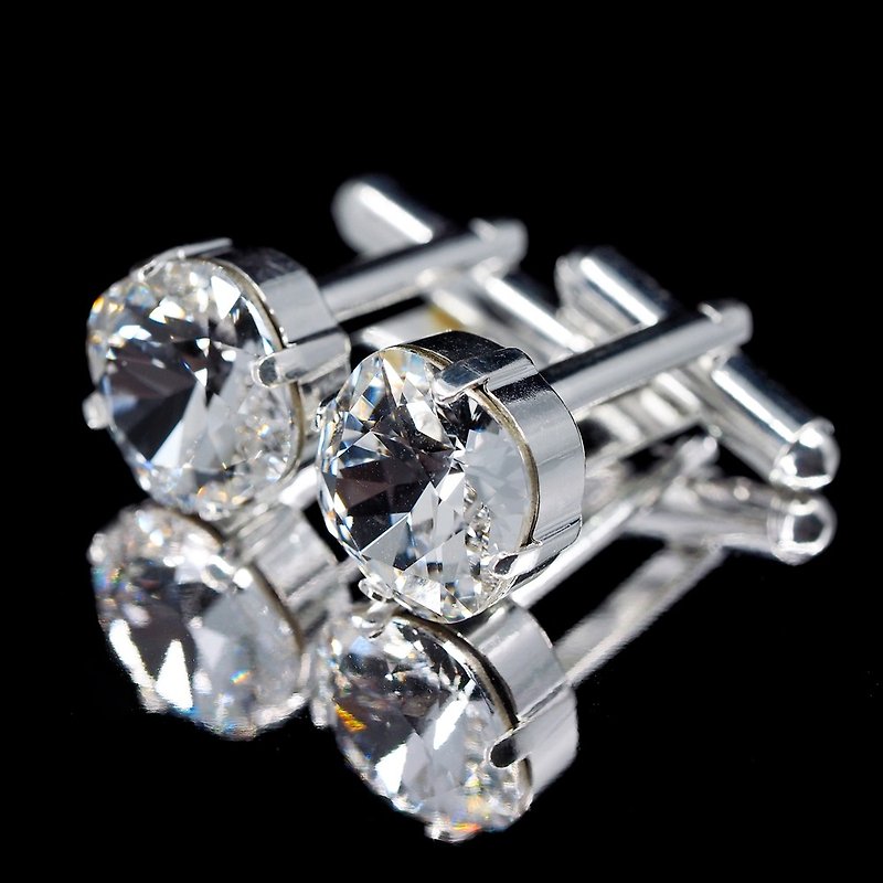 White Crystal Square Silver Cufflinks | Cuff Links | Swarovski Crystals - กระดุมข้อมือ - โลหะ ขาว
