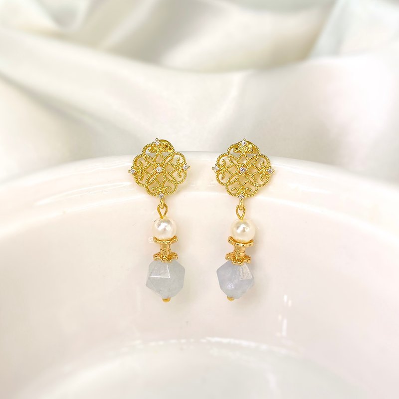 Light Blue Stone White Diamond Clover Sterling Silver Gold Plated Stud Earrings Natural Stone Earrings