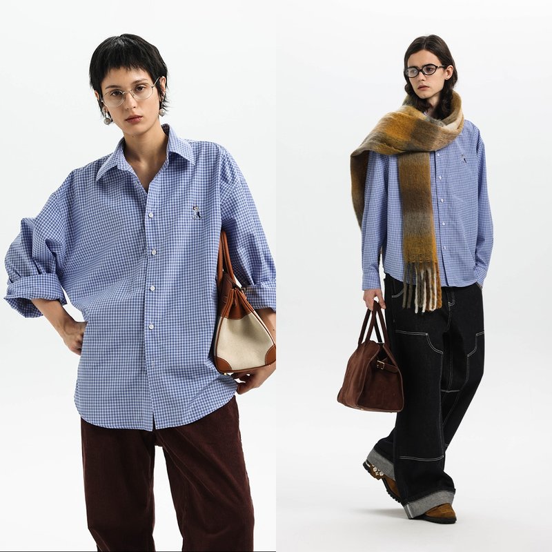 百搭miu風高級感雙人舞刺繡藍格休閒襯衫 男女同款Unvesno(UN) - 男襯衫/休閒襯衫 - 其他材質 