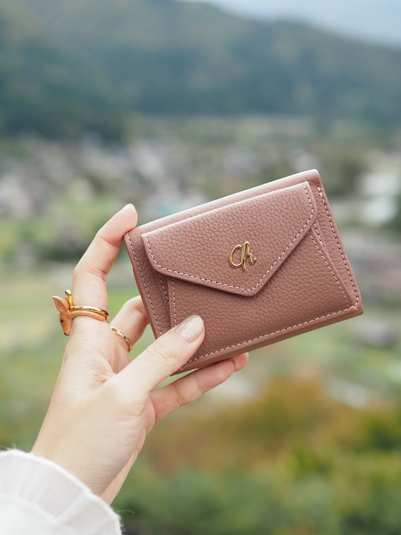 Maily (Tea rose) : Tri-fold wallet, short wallet, cow leather, nude pink - 錢包/皮夾/長短夾 - 真皮 粉紅色
