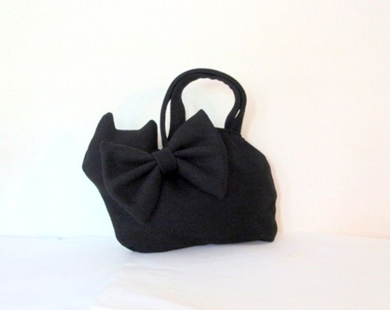 Wool cat bag with big ribbon *Black - Handbags & Totes - Cotton & Hemp 