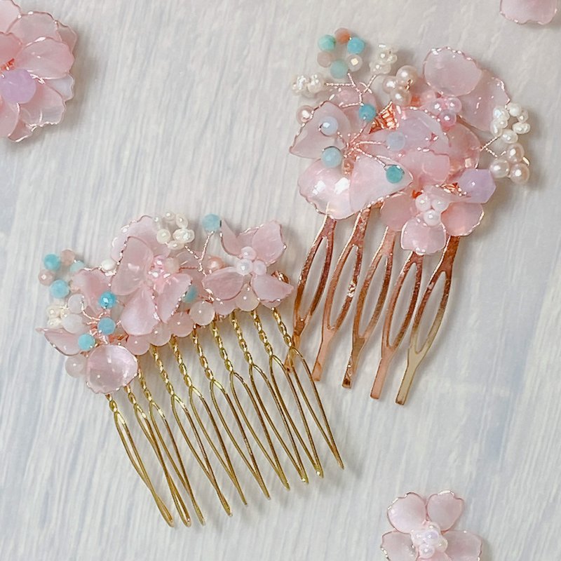 Daily small flower hair fork hair comb hair insert crystal flower x natural stone healing jewelry - Hair Accessories - Other Materials Pink