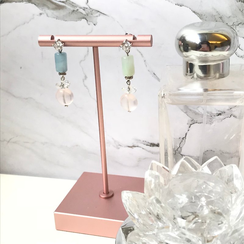 Reserve a special Christmas-sterling silver natural beryl aquamarine pink crystal earrings - ต่างหู - เครื่องเพชรพลอย หลากหลายสี