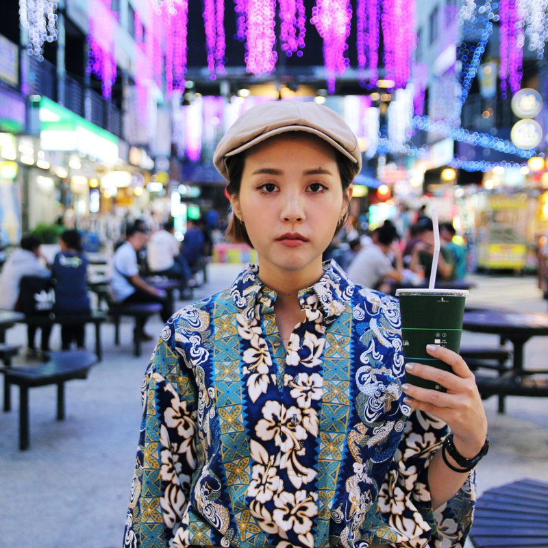 Tsubasa.Y 古著屋 紺青色 龍與扶桑二方連續和柄花襯衫, Japan Print Shirt - 女上衣/長袖上衣 - 棉．麻 