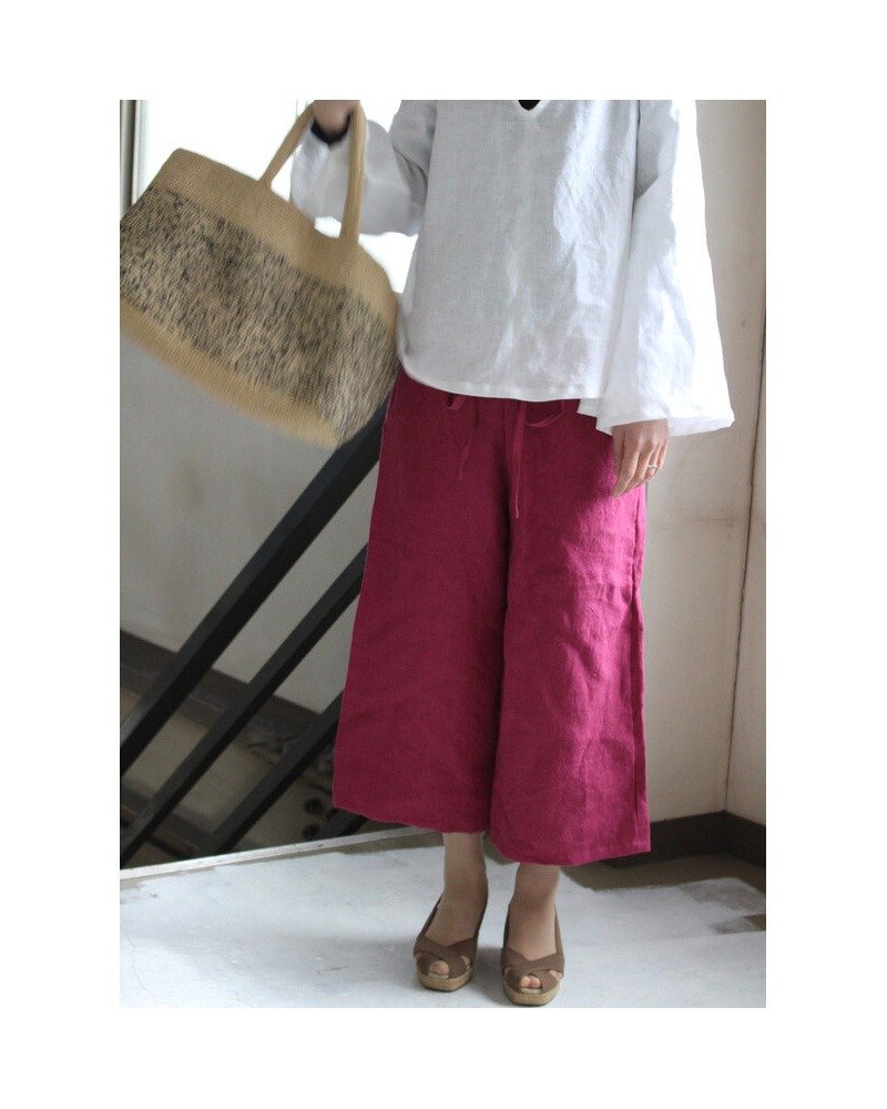 9-minute length wide pants 4 pockets belgian-linen25 15 colors in total - Women's Pants - Cotton & Hemp 