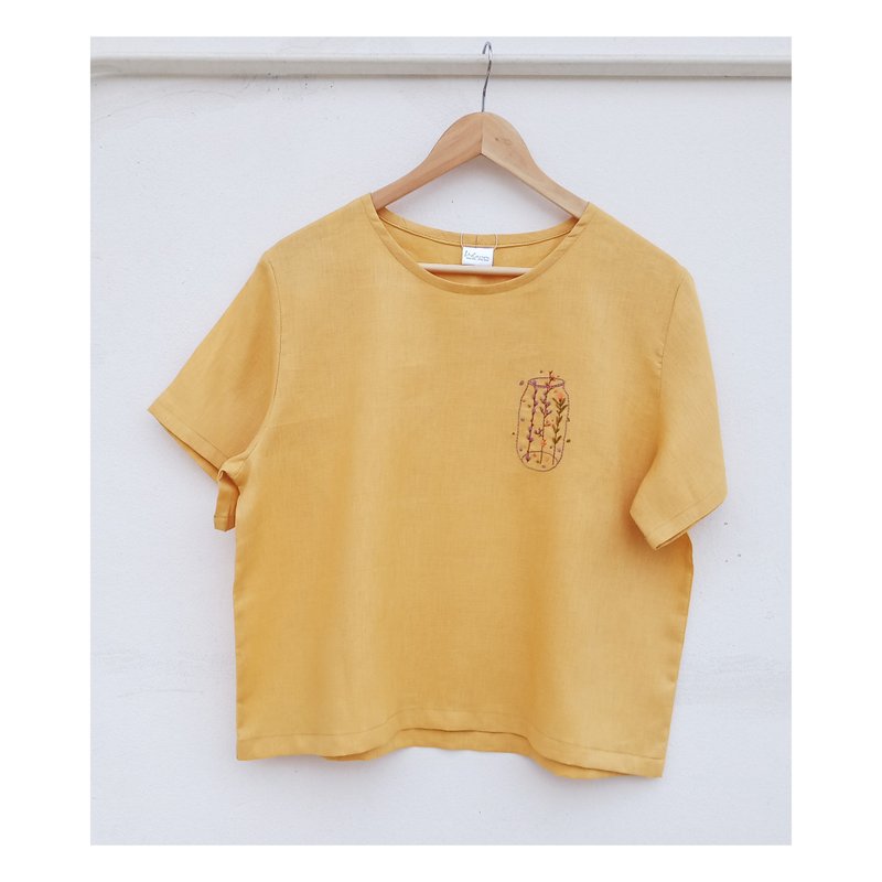 Round Neck Linen Shirt - Yellow - 女上衣/長袖上衣 - 棉．麻 黃色