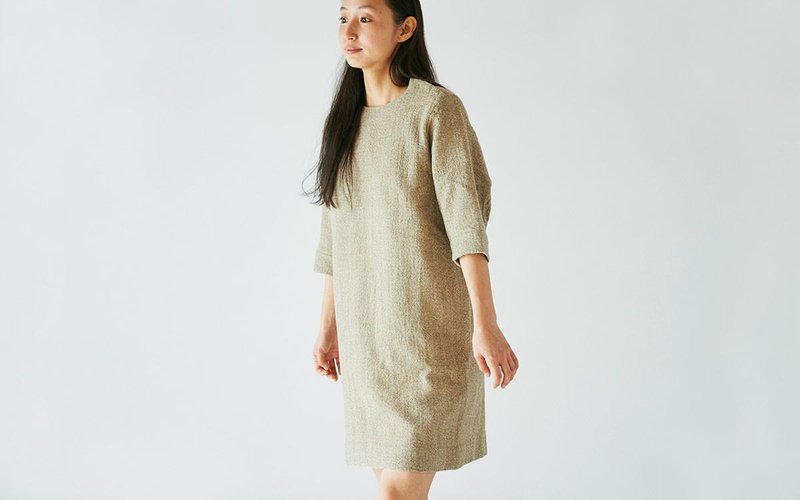 enrica herringbone dress beige - 洋裝/連身裙 - 棉．麻 卡其色