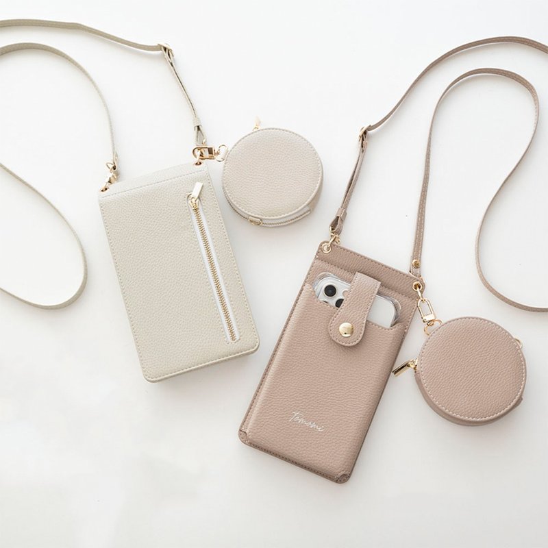 Smartphone pochette & round pouch set with mirror [simple name engraved] Smartphone shoulder pouch coin case HE14U - Phone Accessories - Genuine Leather Brown