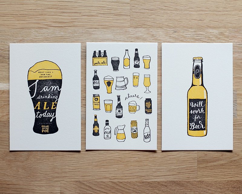 啤酒系列 - 凸版印刷明信片 一組 3 張 - 海報/掛畫/掛布 - 紙 黃色