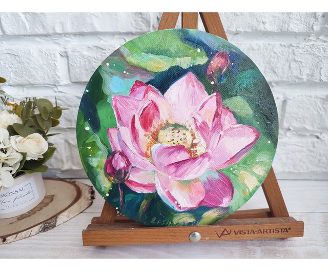蓮の油絵 蓮のオリジナルアート ピンクの花のアートワーク 仏教