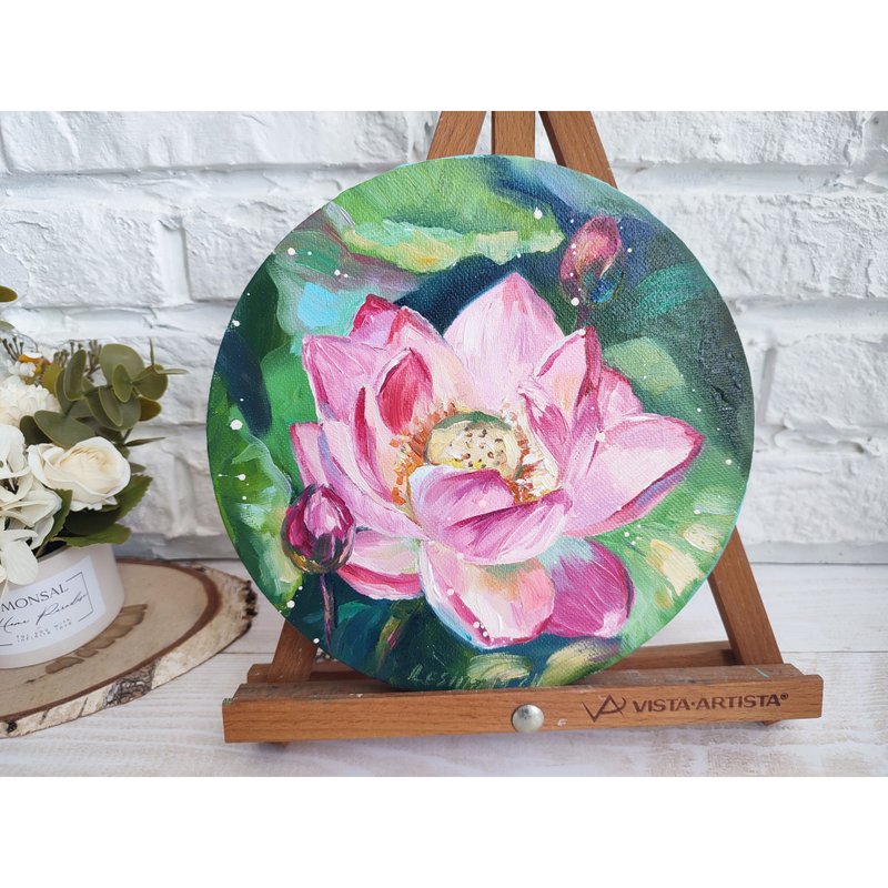 Lotus Oil Painting Lotus Original Art Pink Flower Artwork Buddhism Painting - 壁貼/牆壁裝飾 - 其他材質 