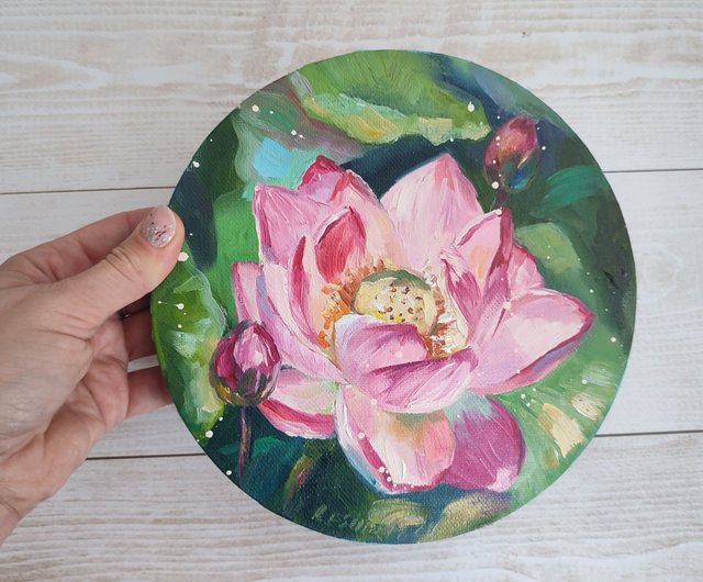 蓮の油絵 蓮のオリジナルアート ピンクの花のアートワーク 仏教