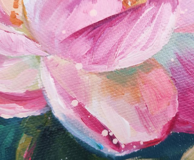 蓮の油絵 蓮のオリジナルアート ピンクの花のアートワーク 仏教