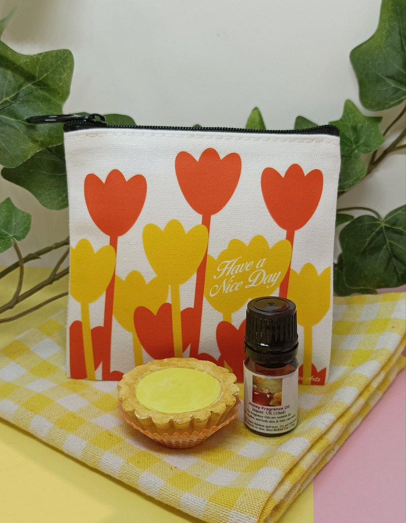 港式食物文創帆布小錢包(外賣杯圖案)配蛋撻造型擴香石送香油 - 手提包/手提袋 - 其他材質 黃色